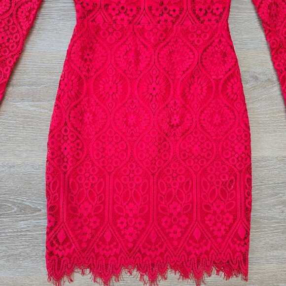 Lulus Red Lace Long Sleeve Bodycon Mini Dress Size Small Stunning Party Look - Picture 6 of 17